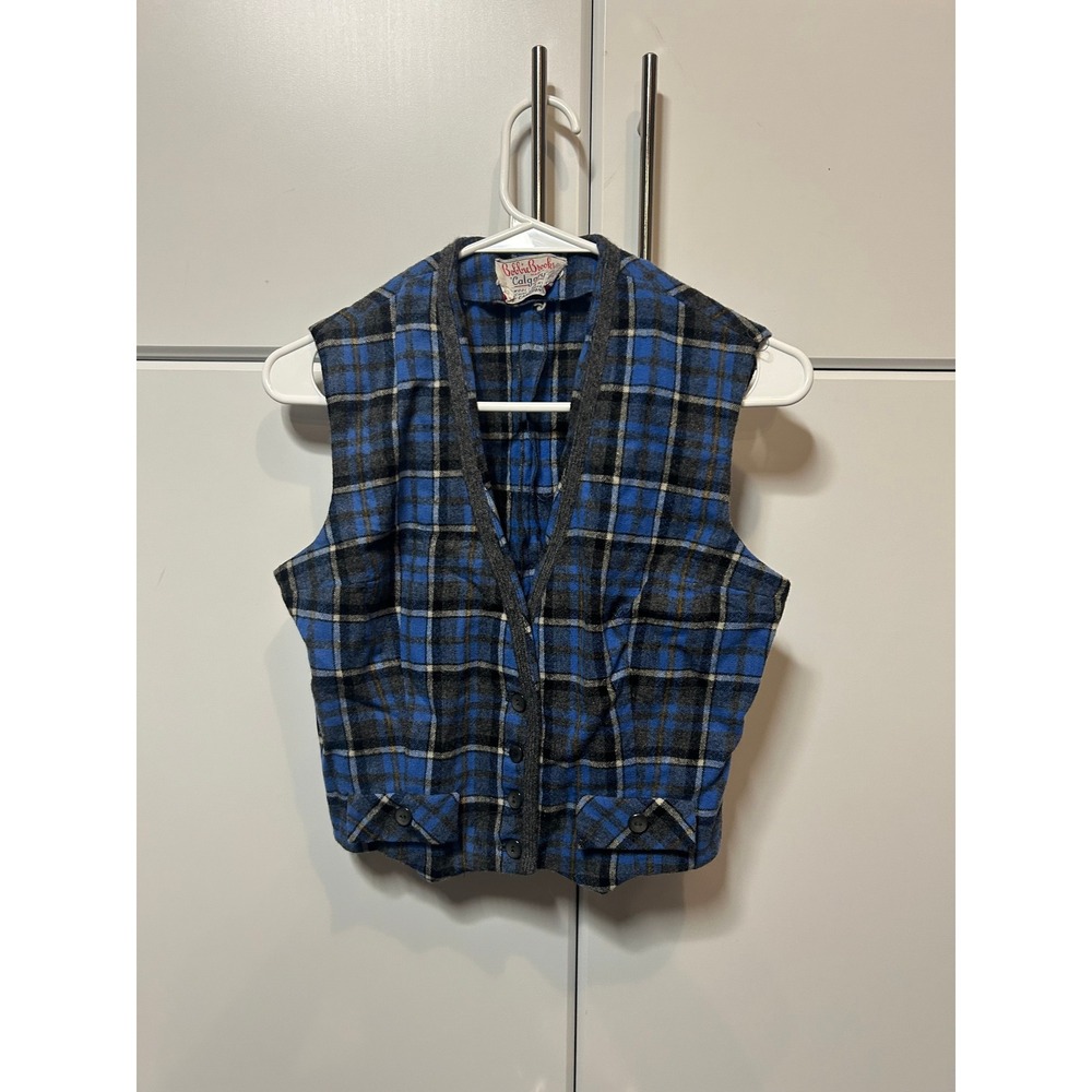 Vintage Bobbie Brooks Calgary Blue Plaid Wool Blend Button Front Vest Mens Small